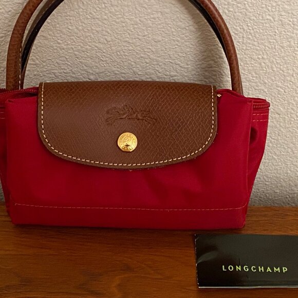 Authentic Longchamp Le Pliage Bag Small Leather Trim Top Handle Berry Color NEW - Picture 2 of 7